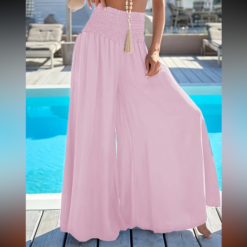 Women's Flowy Wide Leg Pants with Shirred Waist - Perfect Floor Length - Picture 3 of 3